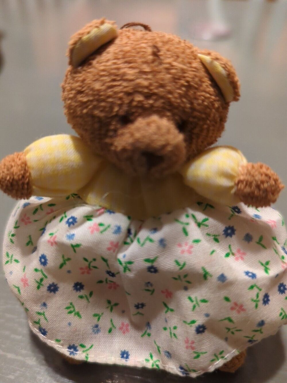 Russ Berrie Teddy Bear Plush Christmas Ornament Yellow Shirt Floral Dress